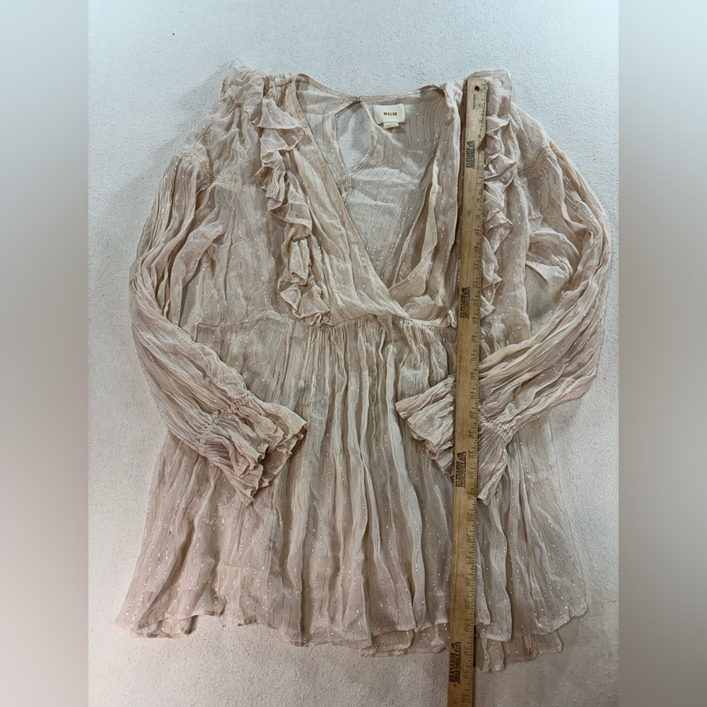 Maeve Anthropologie Sheer Ruffle Blouse Size 10 Cream Metallic Stripe Boho Top - Picture 4 of 7